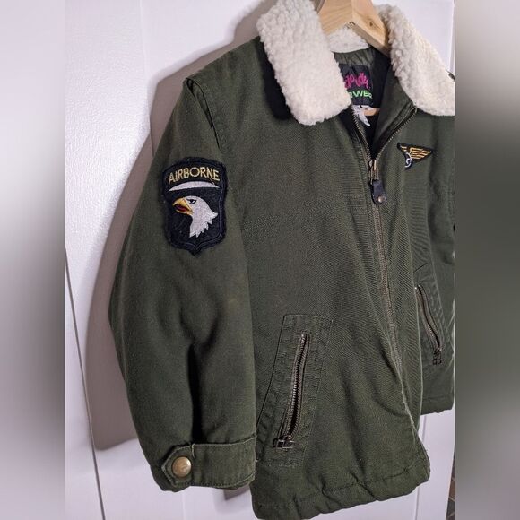 Boys Forest Green Airborne Pilots Jacket with Patches and Wool Style Collar sz 5 - Picture 3 of 7